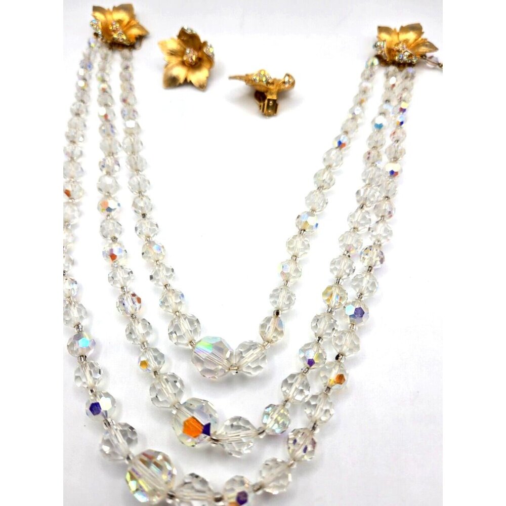 Rare 1940s Graduated Crystal Necklace and Floral Rhinestone Gold Clip Earrings